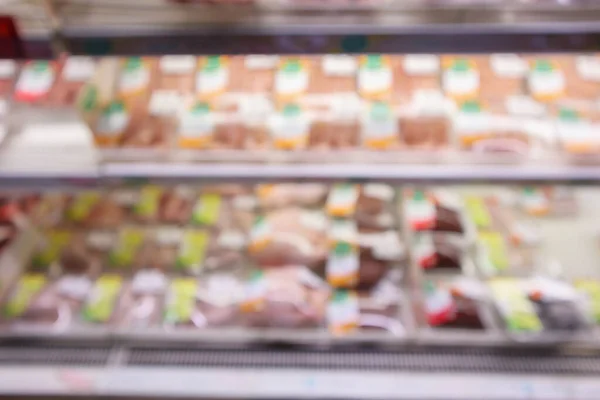 Estantes Carne Fresca Abstracta Supermercado Tienda Borrosa Fondo Desenfocado Con —  Fotos de Stock