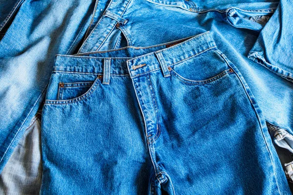 Many Denim Blue Jeans Background — Stock Photo, Image