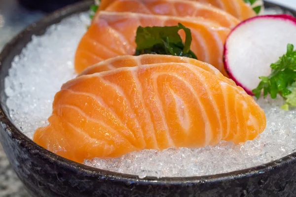 Salmon Sashimi Ice Black Bowl Japanese Food — Stock Photo, Image