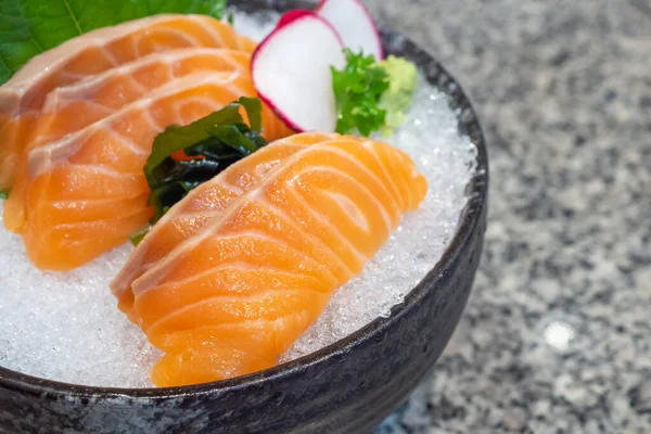 Salmon Sashimi Ice Black Bowl Japanese Food — Stock Photo, Image