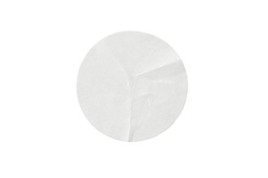 Beyaz arkaplanda kırpma yolu ile izole edilmiş boş beyaz yuvarlak kağıt etiketi