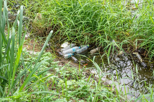 池環境中のプラスチック汚染 — ストック写真