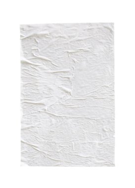 Boş beyaz buruşmuş ve buruşmuş kağıt poster dokusu beyaz arkaplanda izole edilmiş