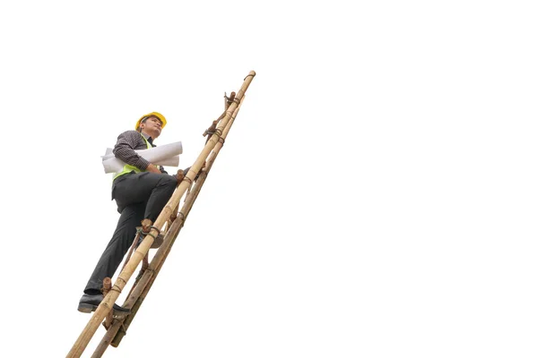 Asian Business Man Construction Engineer Hold Blueprint Paper Climb Ladder — Stock Photo, Image