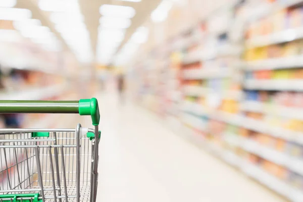 Carrito Compras Supermercado Verde Vacío Con Fondo Desenfocado Abstracto Del —  Fotos de Stock