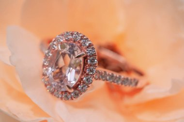 Gül çiçeğinin arka planında pembe elmas yüzük