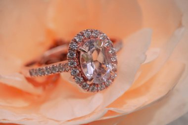 Gül çiçeğinin arka planında pembe elmas yüzük