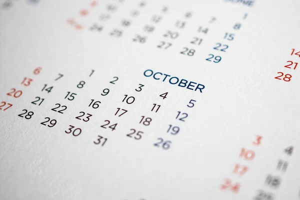 Σελίδα Ημερολογίου Οκτωβρίου Μήνες Και Ημερομηνίες — Φωτογραφία Αρχείου