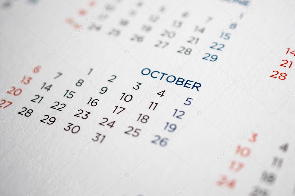 October calendar page with months and dates
