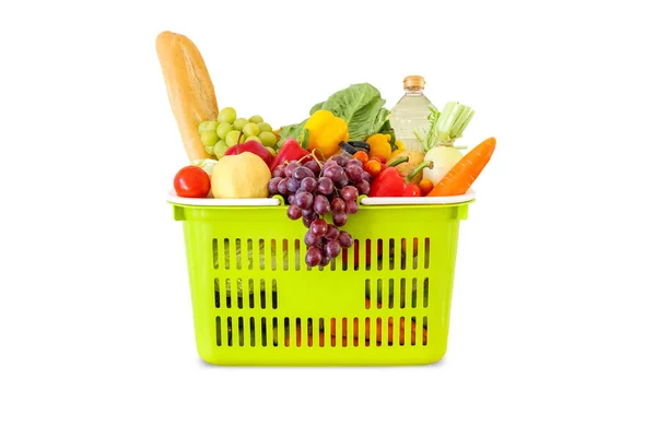 Produto Mercearia Frutas Legumes Frescos Cesta Verde Isolada Fundo Branco — Fotografia de Stock