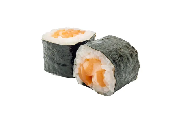 Japonez Somon Maki Sushi Roll Izolat Fundal Alb Cale Tăiere — Fotografie, imagine de stoc