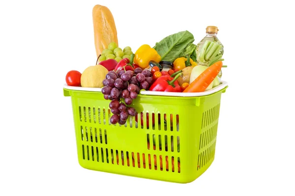 Fresh Fruits Vegetables Grocery Product Green Shopping Basket Isolated White — Stock Photo, Image