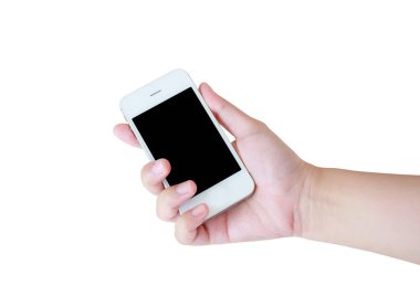 Beyaz arka planda izole edilmiş Asyalı kadın cep telefonu.