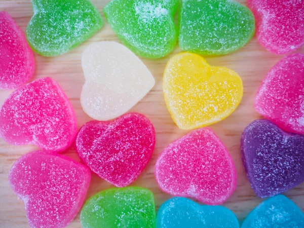 Colorful Hearts Candy Wood Valentines Background — Stock Photo, Image