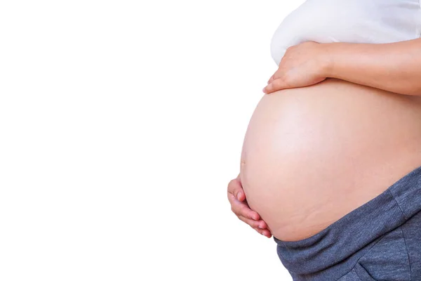 Zwanger Vrouw Aanraken Van Haar Buik Geïsoleerd Witte Achtergrond — Stockfoto