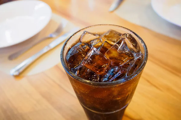 Cola Glass Refresh Soft Drink Ice Wood Table Restaurant Background — Stock Photo, Image