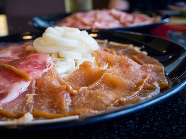 Sukiyaki Shabu Shabu Rebanadas Frescas Cerdo Plato Listo Para Cocinar — Foto de Stock