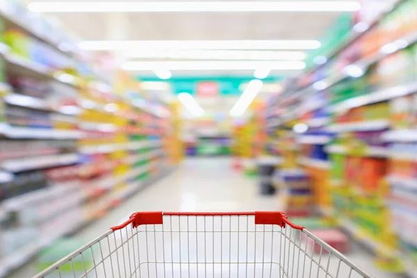 Carrito Compras Con Pasillo Supermercado Desenfoque Fondo Abstracto —  Fotos de Stock