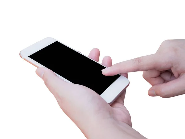 Azji Kobieta Ręka Trzyma Telefon Komórkowy Smartfon Odizolowany Białym Tle — Zdjęcie stockowe