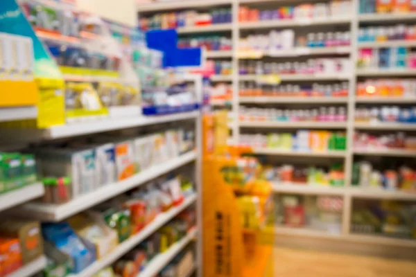 Farmacie Drogisterij Interieur Wazig Achtergrond Met Geneeskunde Planken — Stockfoto