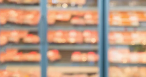 Abstract blur raw meat in refrigerator shelves at supermarket