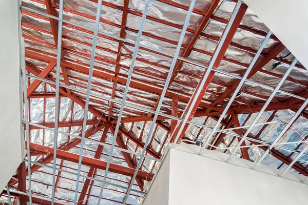 Install Metal Frame Plaster Board Ceiling House Construction — Stock Photo, Image