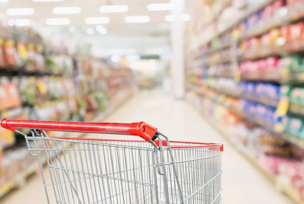 Panier Vide Avec Abstrait Flou Supermarché Discount Magasin Allée Étagères — Photo