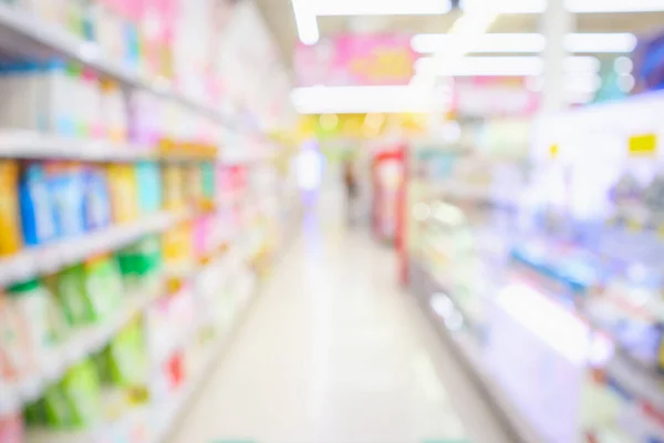 Abstract blur supermarket discount store aisle and product shelves interior defocused background