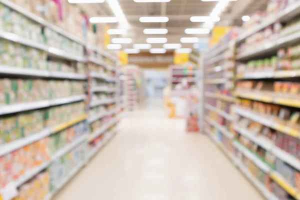 Abstrakcyjne Rozmycie Nawy Supermarketu Produktem Półkach Nieostre Tło — Zdjęcie stockowe