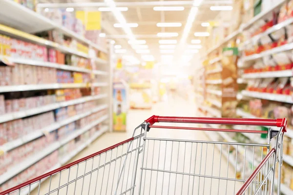 Empty shopping cart with abstract blur supermarket discount store aisle and product shelves interior defocused background