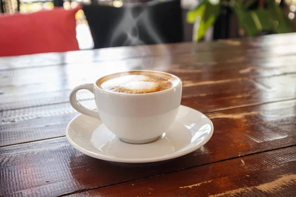 Heart Shape Latte Art White Coffee Cup Wood Table Cafe — Stock Photo, Image