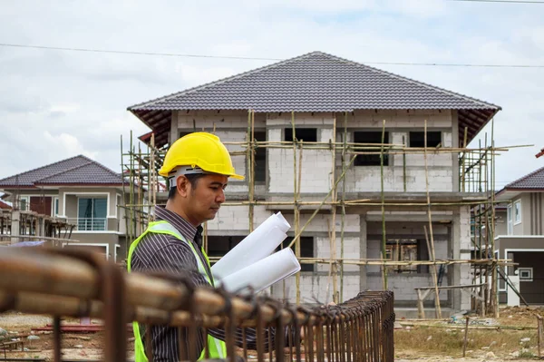 Asian Business Man Construction Engineer Worker Protective Helmet Blueprints Paper — Stock Photo, Image