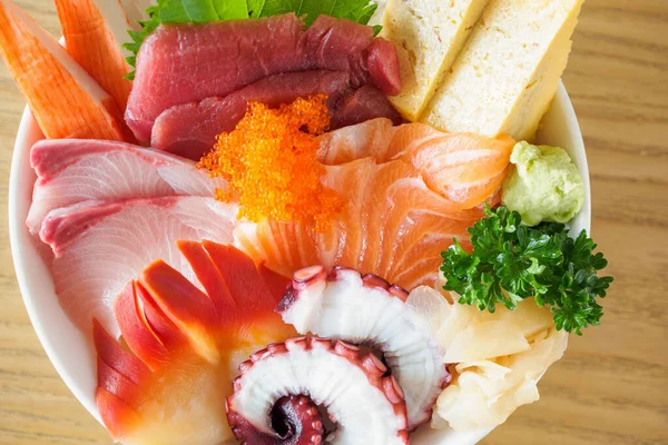 Sashimi Rice Bowl Chirashi Don Japanese Food Wood Table Restaurant — Stock Photo, Image