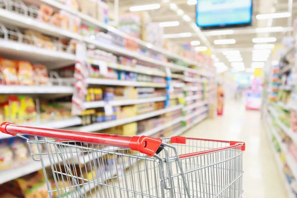 Carrito Compras Vacío Con Desenfoque Abstracto Supermercado Tienda Descuento Pasillo —  Fotos de Stock