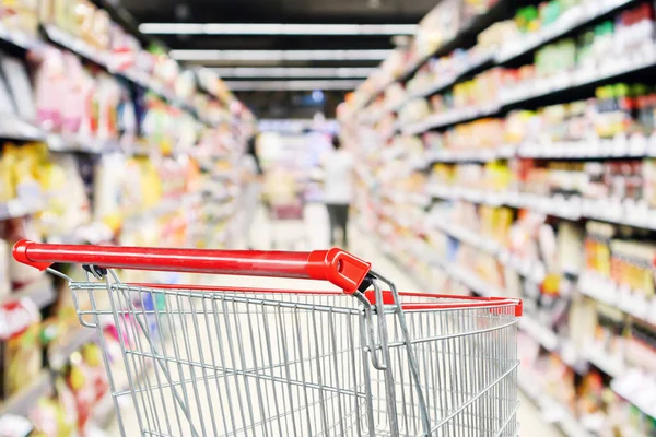 Carrito Compras Vacío Con Desenfoque Abstracto Supermercado Tienda Descuento Pasillo —  Fotos de Stock