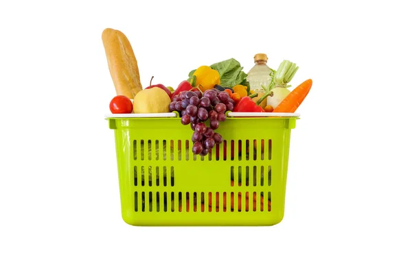 Fresh Fruits Vegetables Grocery Product Green Shopping Basket Isolated White — Stock Photo, Image
