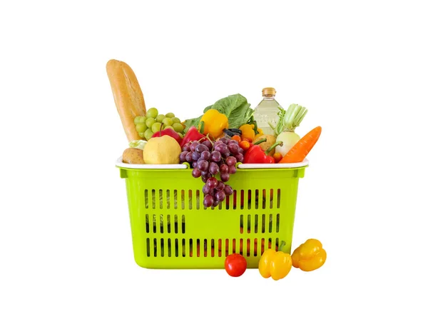 Fresh Fruits Vegetables Grocery Product Green Shopping Basket Isolated White — Stock Photo, Image