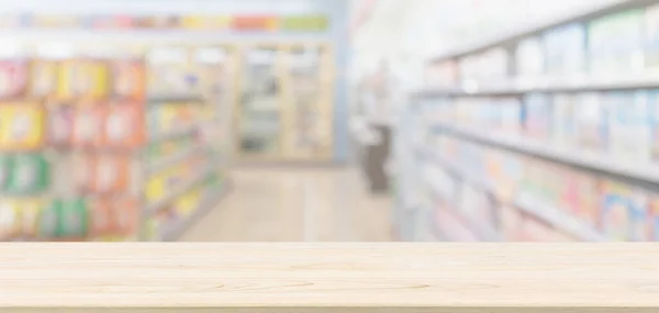 Üres Asztali Szupermarket Élelmiszerbolt Elmosódott Disszidált Háttér Bokeh Fény Montázs — Stock Fotó