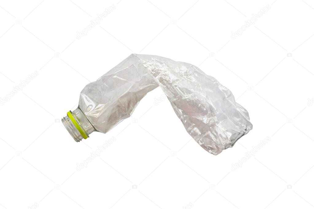 Crushed plastic bottle isolated on white background with clipping path