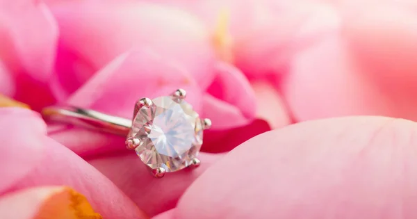 漂亮粉色玫瑰花瓣背景上的珠宝钻石戒指 — 图库照片