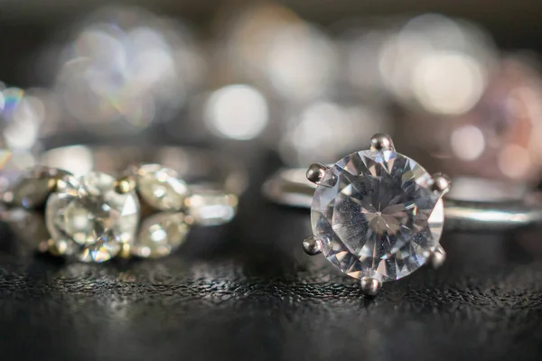 Jewelry Diamond Rings Set Black Background Close — Stock Photo, Image