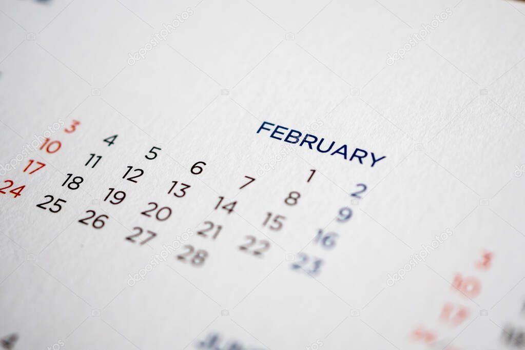 February calendar page with months and dates