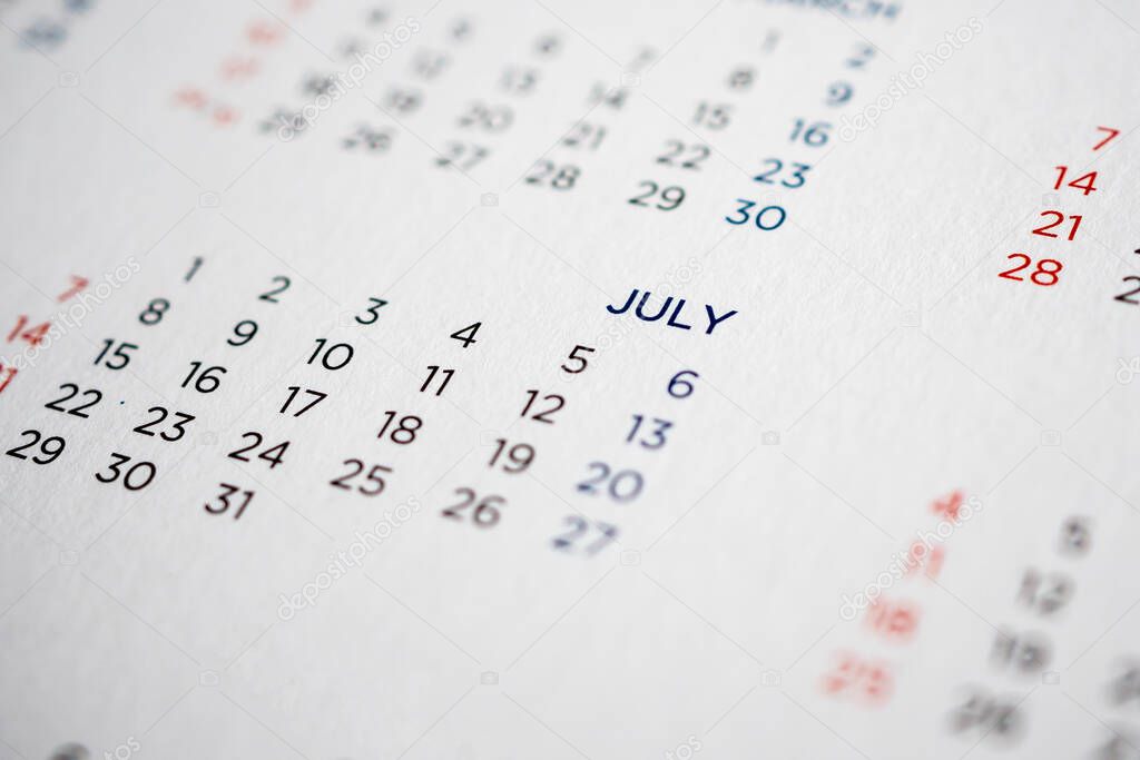 July calendar page with months and dates