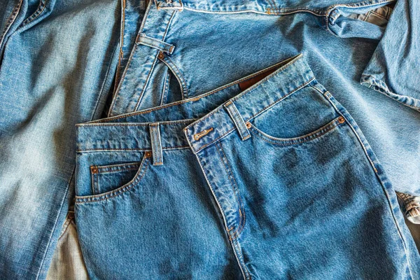 Many Denim Blue Jeans Background — Stock Photo, Image
