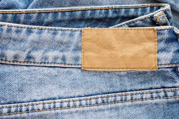 Blå Denim Jeans Läder Etikett Textur Bakgrund — Stockfoto
