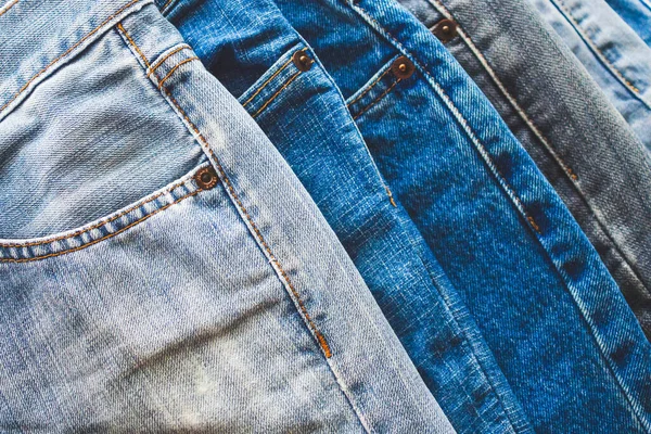 Denim Blå Jeans Stack Textur Bakgrund Närbild — Stockfoto