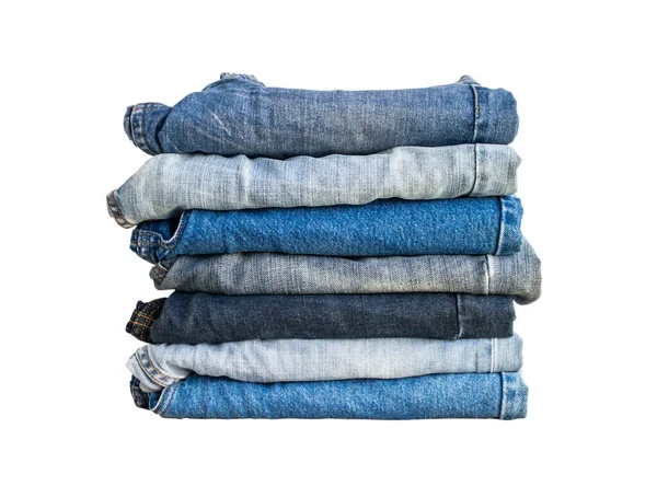 Denim Blå Jeans Stack Isolerad Vit Bakgrund — Stockfoto