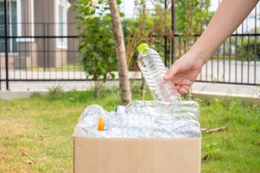 El ele tutuşun ve plastik şişeleri kahverengi çöp kutusuna koyun.