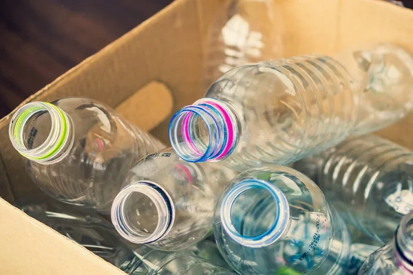 Пластикові Пляшки Рециркуляційній Паперовій Коробці Концепція Повторного Використання — стокове фото