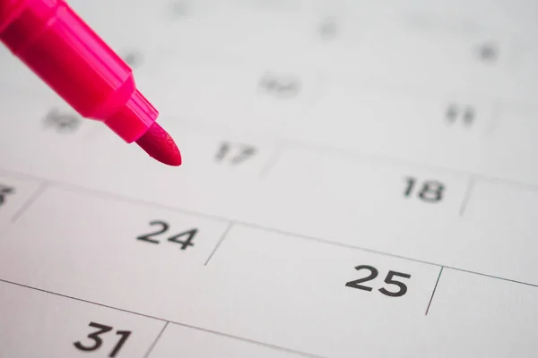 Página Del Calendario Con Pluma Roja Cerca — Foto de Stock